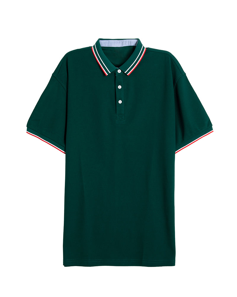 Men's Striped Trim Short Sleeve Polo Shirt in Forest Green