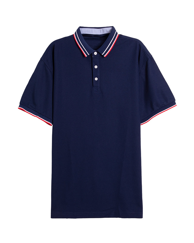 Men's Striped Trim Short Sleeve Polo Shirt in Navy Blue