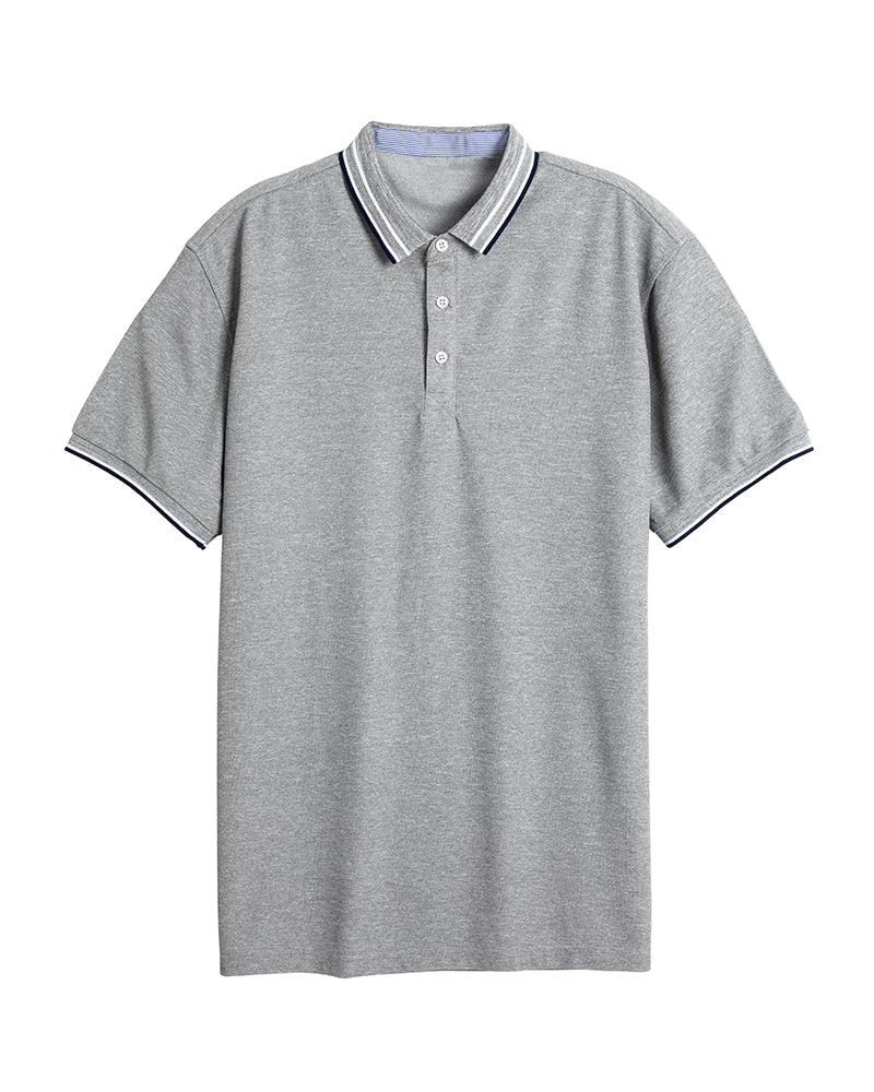 Men's Striped Trim Short Sleeve Polo Shirt in Heather Gray