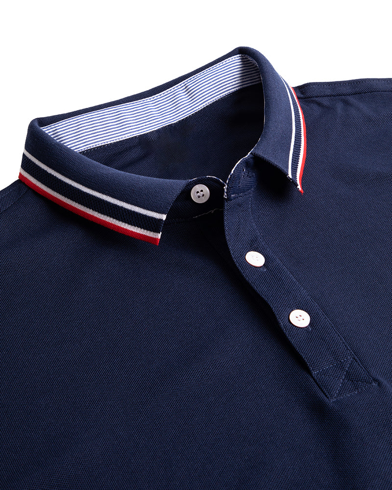 Men's Striped Trim Short Sleeve Polo Shirt in Navy Blue