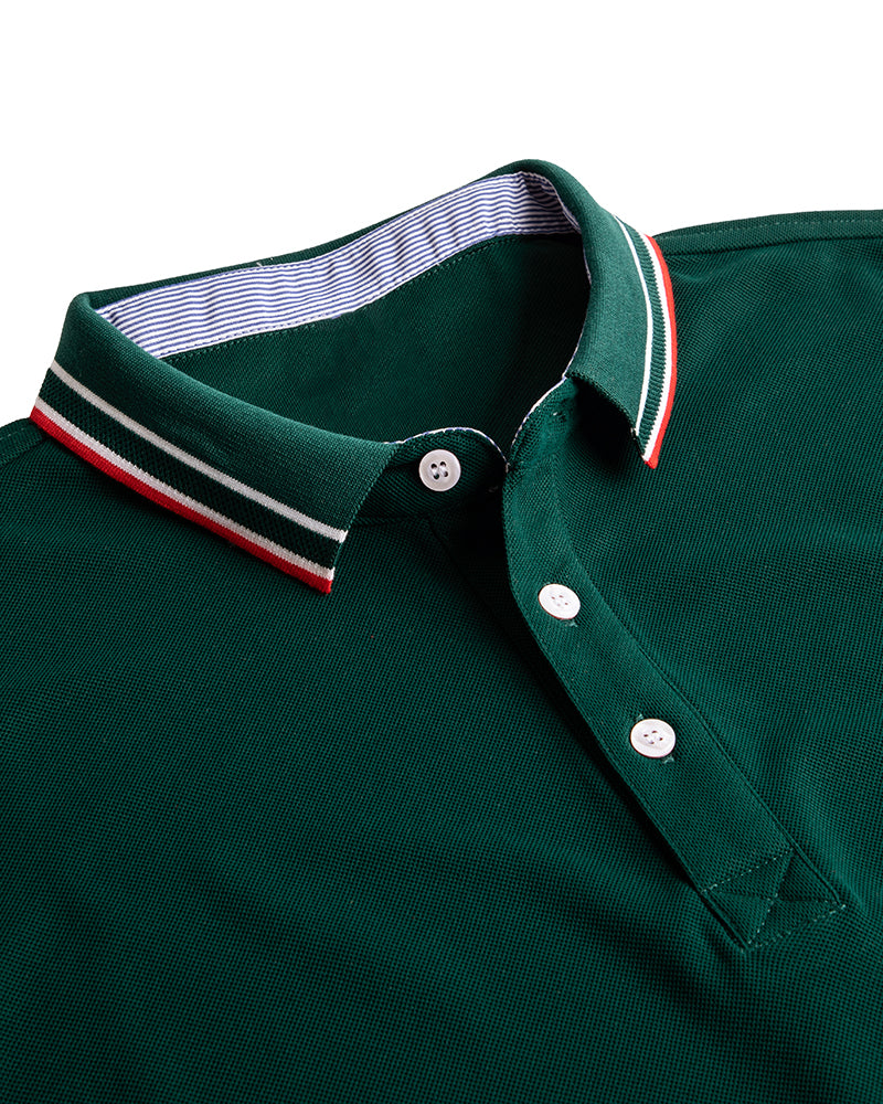 Men's Striped Trim Short Sleeve Polo Shirt in Forest Green