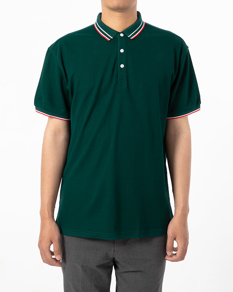 Men's Striped Trim Short Sleeve Polo Shirt in Forest Green