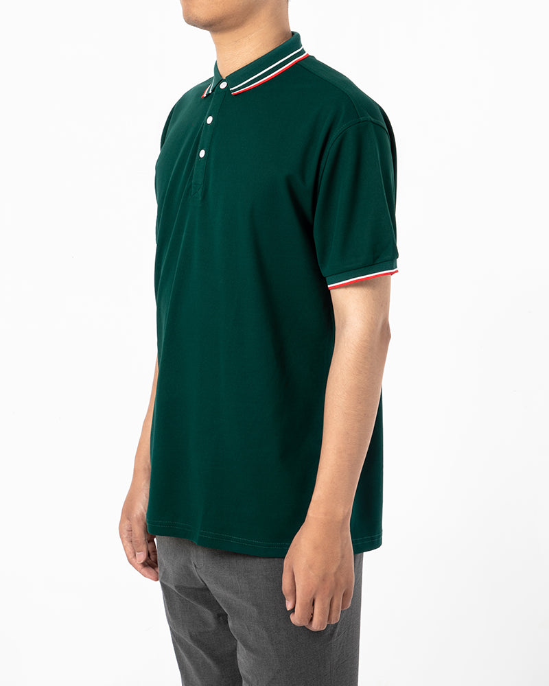 Men's Striped Trim Short Sleeve Polo Shirt in Forest Green