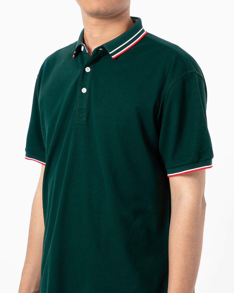Men's Striped Trim Short Sleeve Polo Shirt in Forest Green