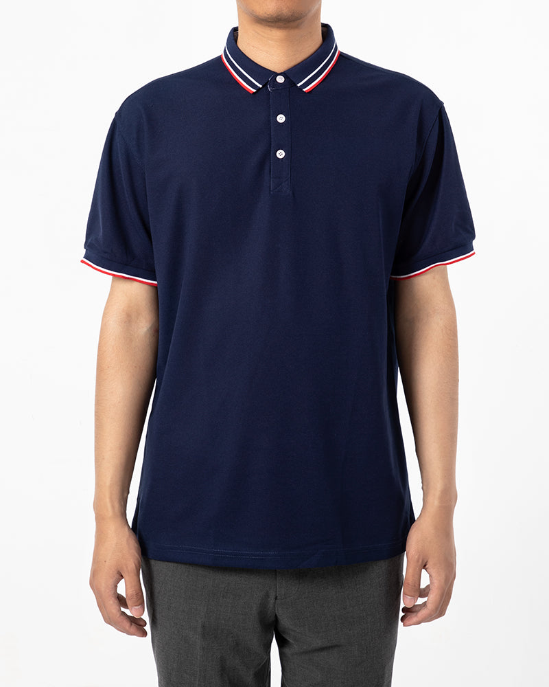 Men's Striped Trim Short Sleeve Polo Shirt in Navy Blue