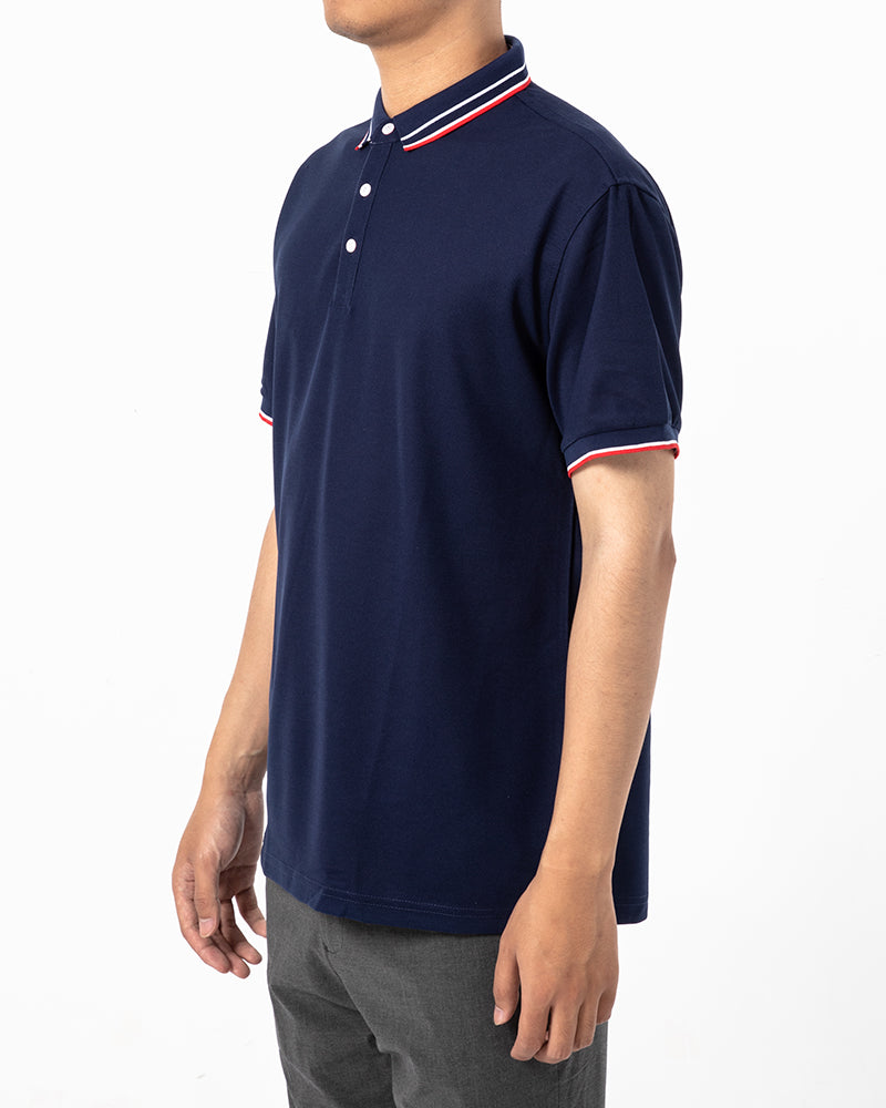 Men's Striped Trim Short Sleeve Polo Shirt in Navy Blue