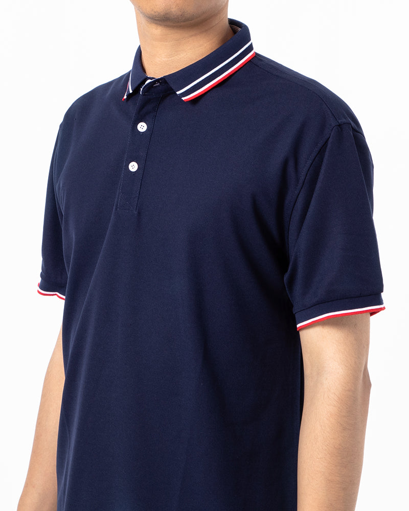 Men's Striped Trim Short Sleeve Polo Shirt in Navy Blue