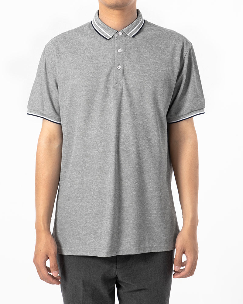 Men's Striped Trim Short Sleeve Polo Shirt in Heather Gray