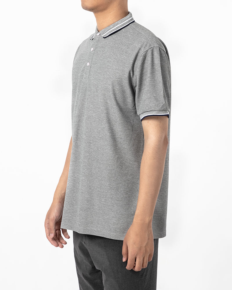 Men's Striped Trim Short Sleeve Polo Shirt in Heather Gray