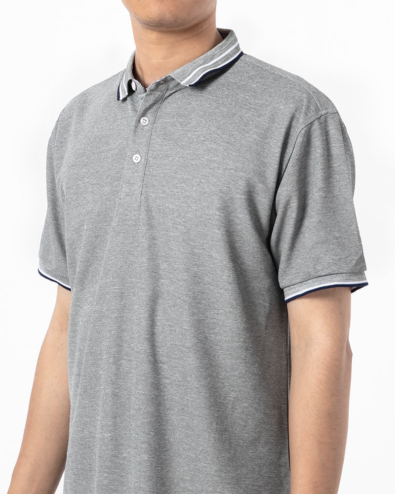 Men's Striped Trim Short Sleeve Polo Shirt in Heather Gray