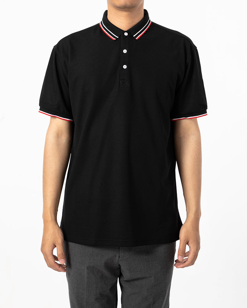 Men's Striped Trim Short Sleeve Polo Shirt in Black