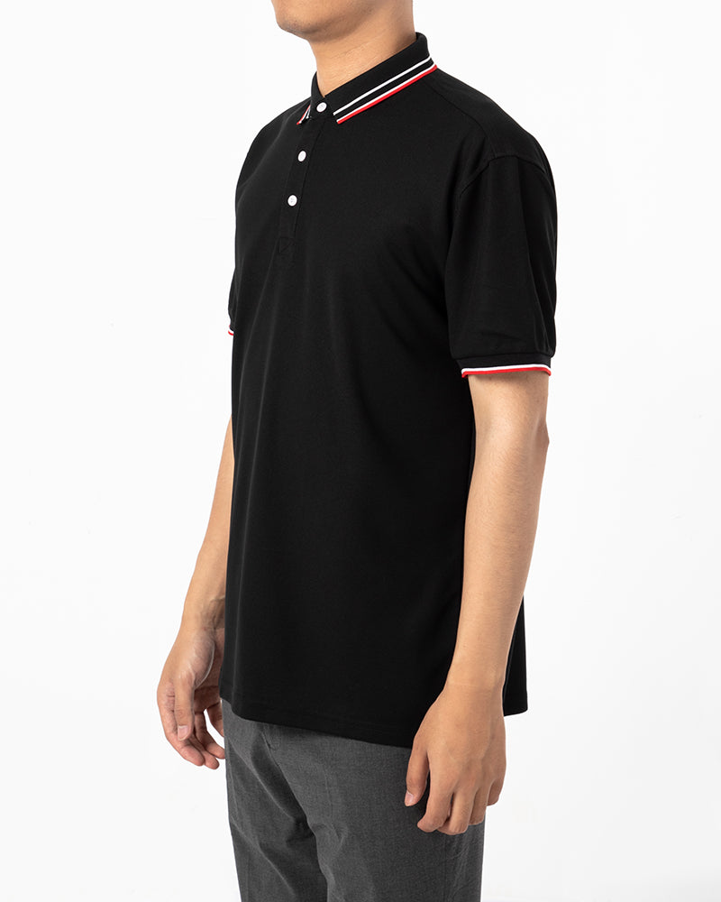Men's Striped Trim Short Sleeve Polo Shirt in Black