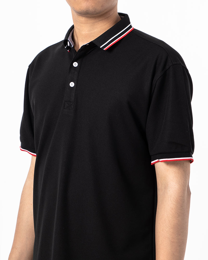 Men's Striped Trim Short Sleeve Polo Shirt in Black
