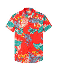 Men's Tropical Floral Short Sleeve Button-Up Shirt in Red