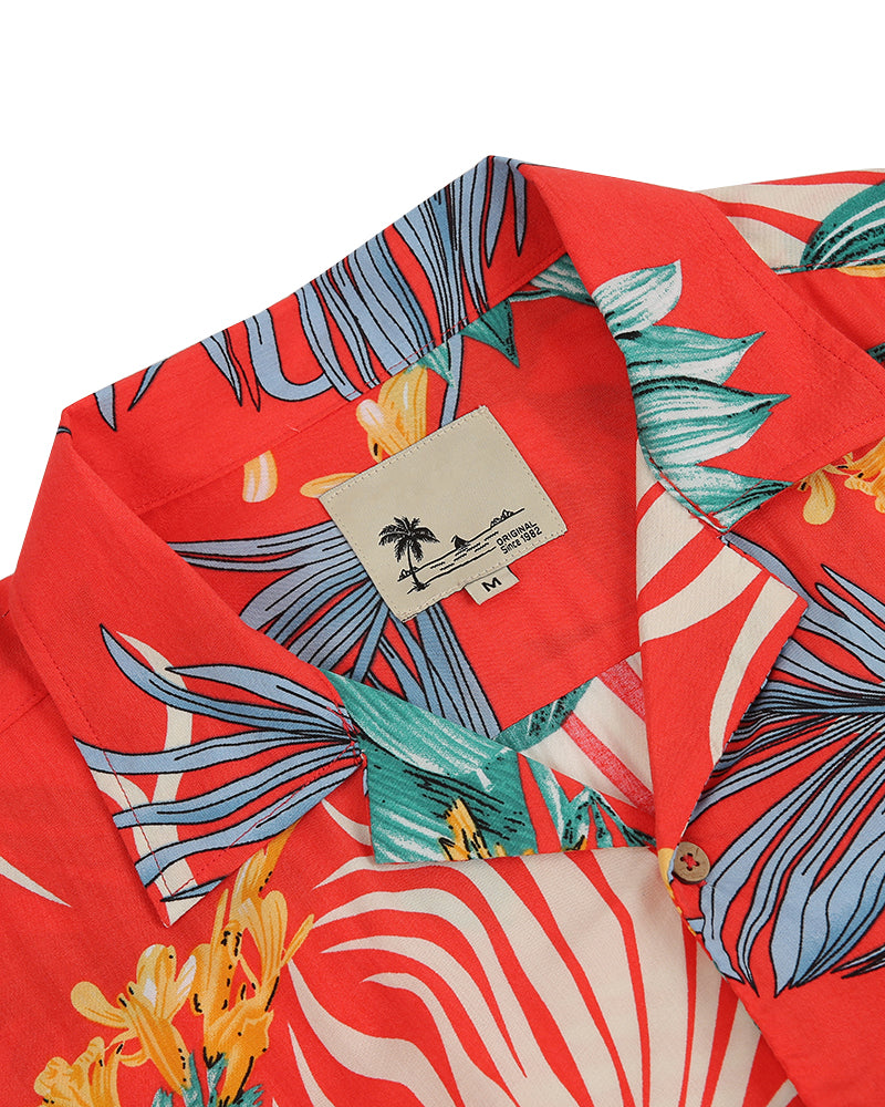 Men's Tropical Floral Short Sleeve Button-Up Shirt in Red