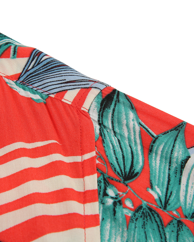 Men's Tropical Floral Short Sleeve Button-Up Shirt in Red
