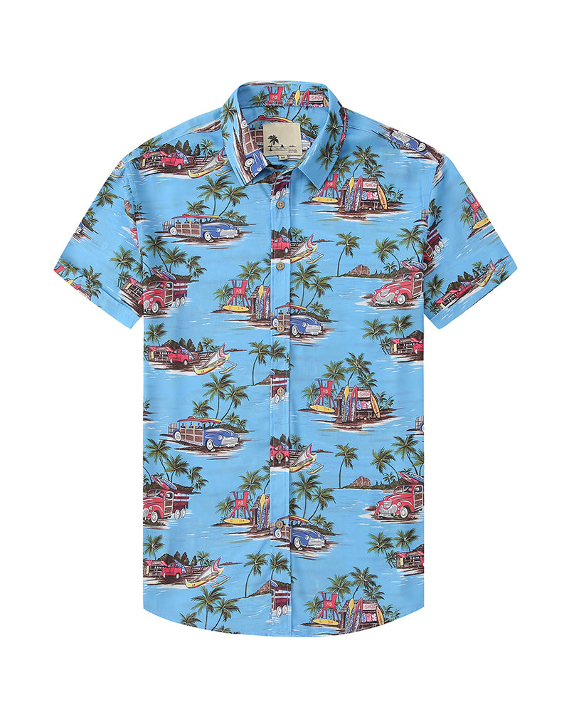 Men's Island Print Short Sleeve Button-Up Shirt in Sky Blue