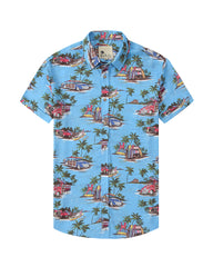 Men's Island Print Short Sleeve Button-Up Shirt in Sky Blue