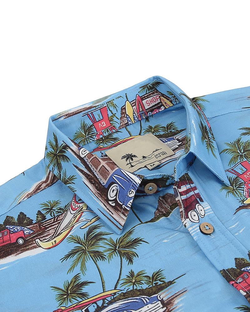 Men's Island Print Short Sleeve Button-Up Shirt in Sky Blue