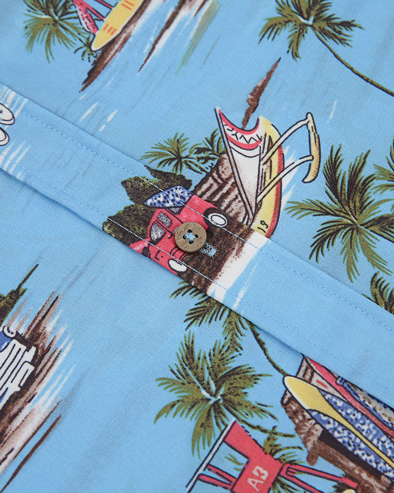 Men's Island Print Short Sleeve Button-Up Shirt in Sky Blue