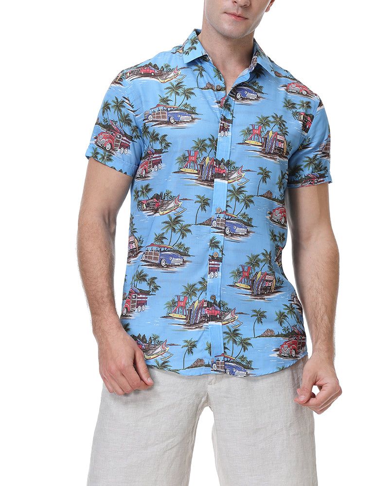 Men's Island Print Short Sleeve Button-Up Shirt in Sky Blue