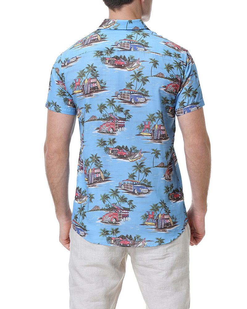 Men's Island Print Short Sleeve Button-Up Shirt in Sky Blue