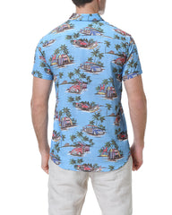 Men's Island Print Short Sleeve Button-Up Shirt in Sky Blue