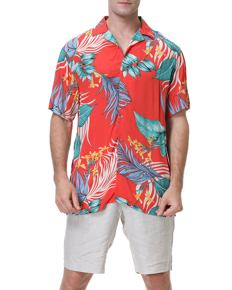 Men's Tropical Floral Short Sleeve Button-Up Shirt in Red