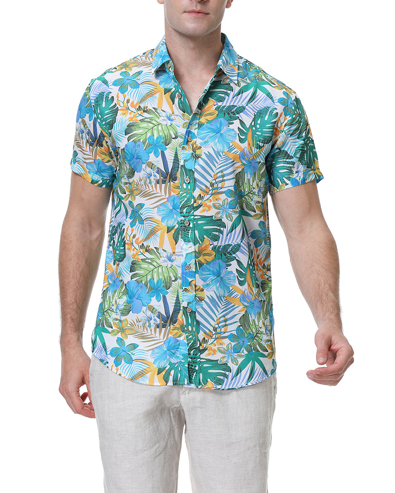 Men's Tropical Floral Short Sleeve Button-Up Shirt in Ivory