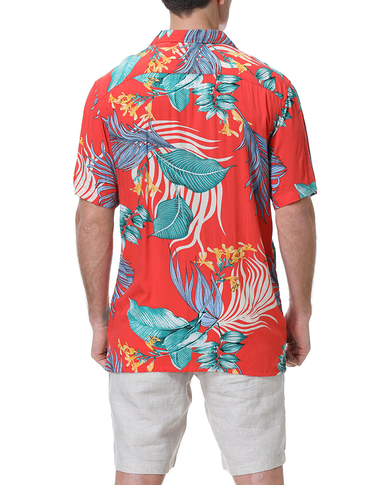 Men's Tropical Floral Short Sleeve Button-Up Shirt in Red