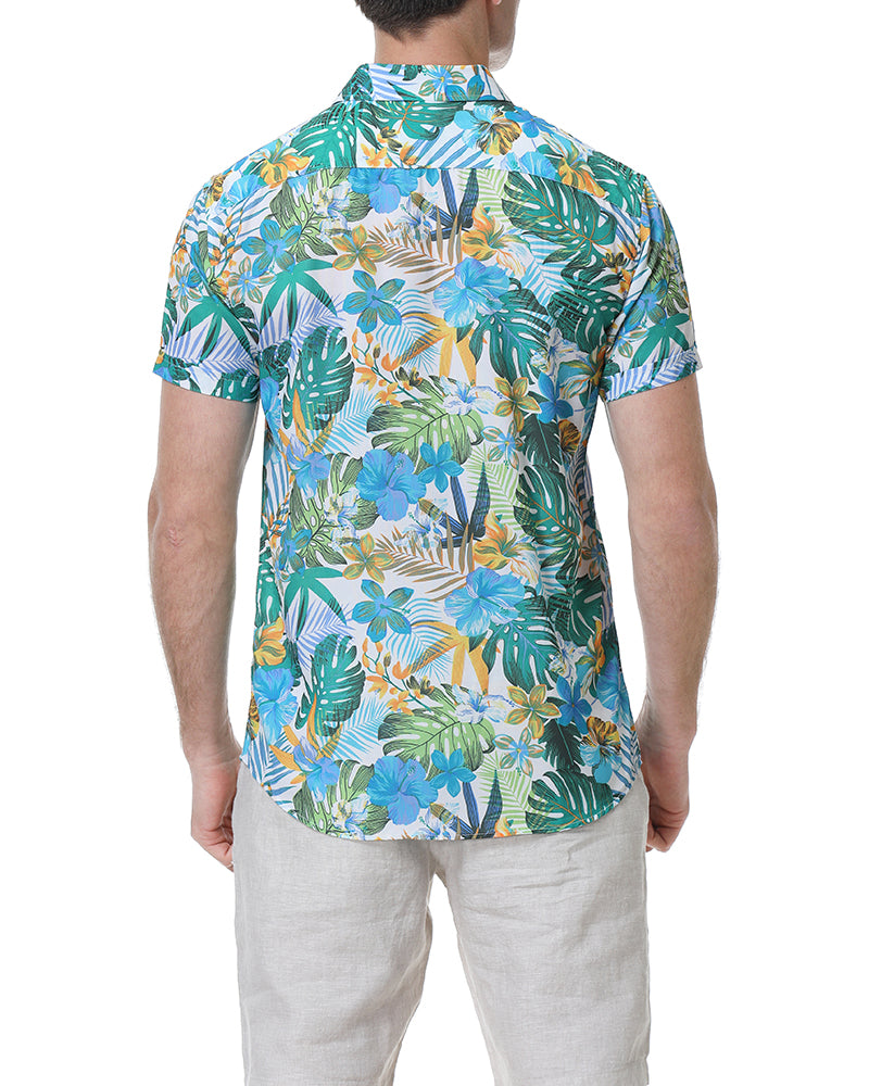 Men's Tropical Floral Short Sleeve Button-Up Shirt in Ivory