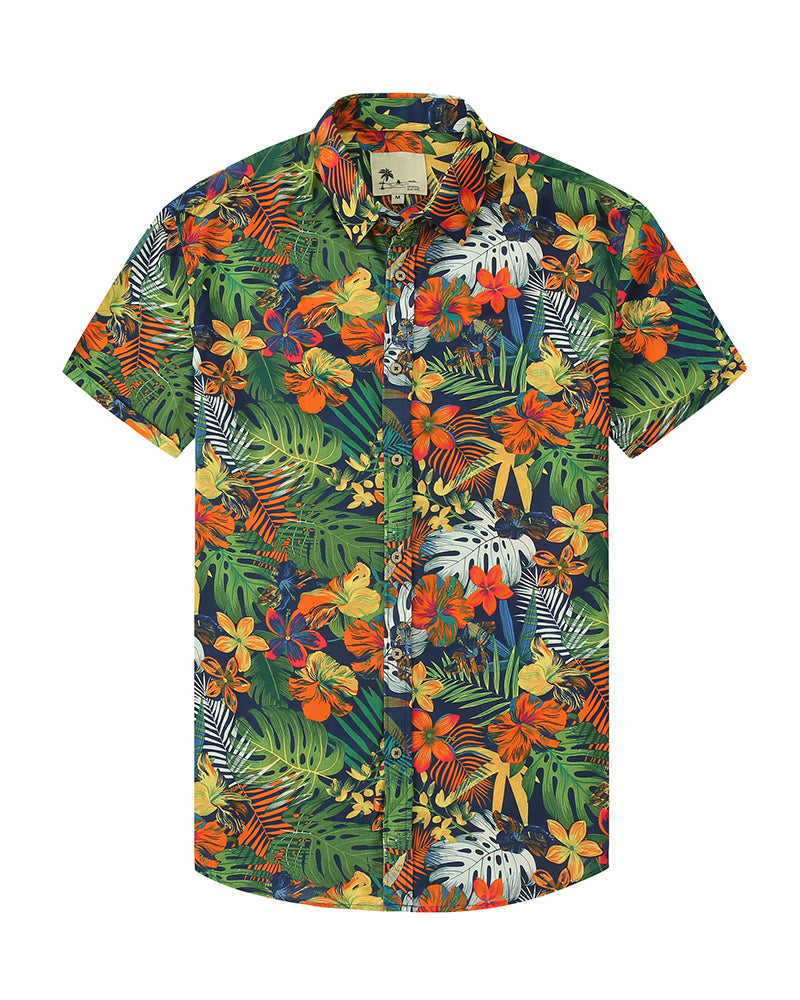 Men's Dark Tropical Floral Short Sleeve Button-Up Shirt