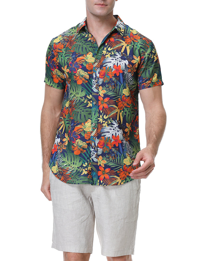 Men's Dark Tropical Floral Short Sleeve Button-Up Shirt