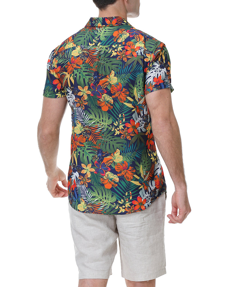 Men's Dark Tropical Floral Short Sleeve Button-Up Shirt